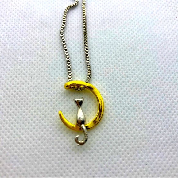 Kitty Cat on a Golden Crescent Moon Pendant - Picture 6 of 7
